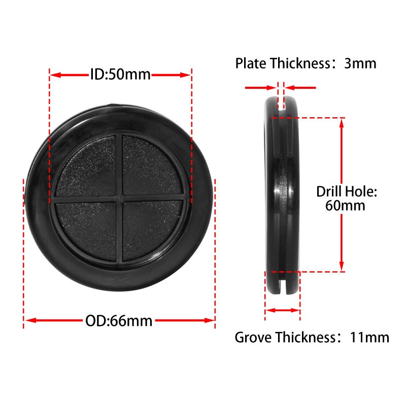 Flyshop Black 60mm, 2-3/8" Rubber Plug, 50mm, 2" ID, Drill Hole Grommet Synthetic Rubber Grommets Wire Protection, Round, Double-Sided, 4-Pack (Size 50 x 60mm) - Image 2